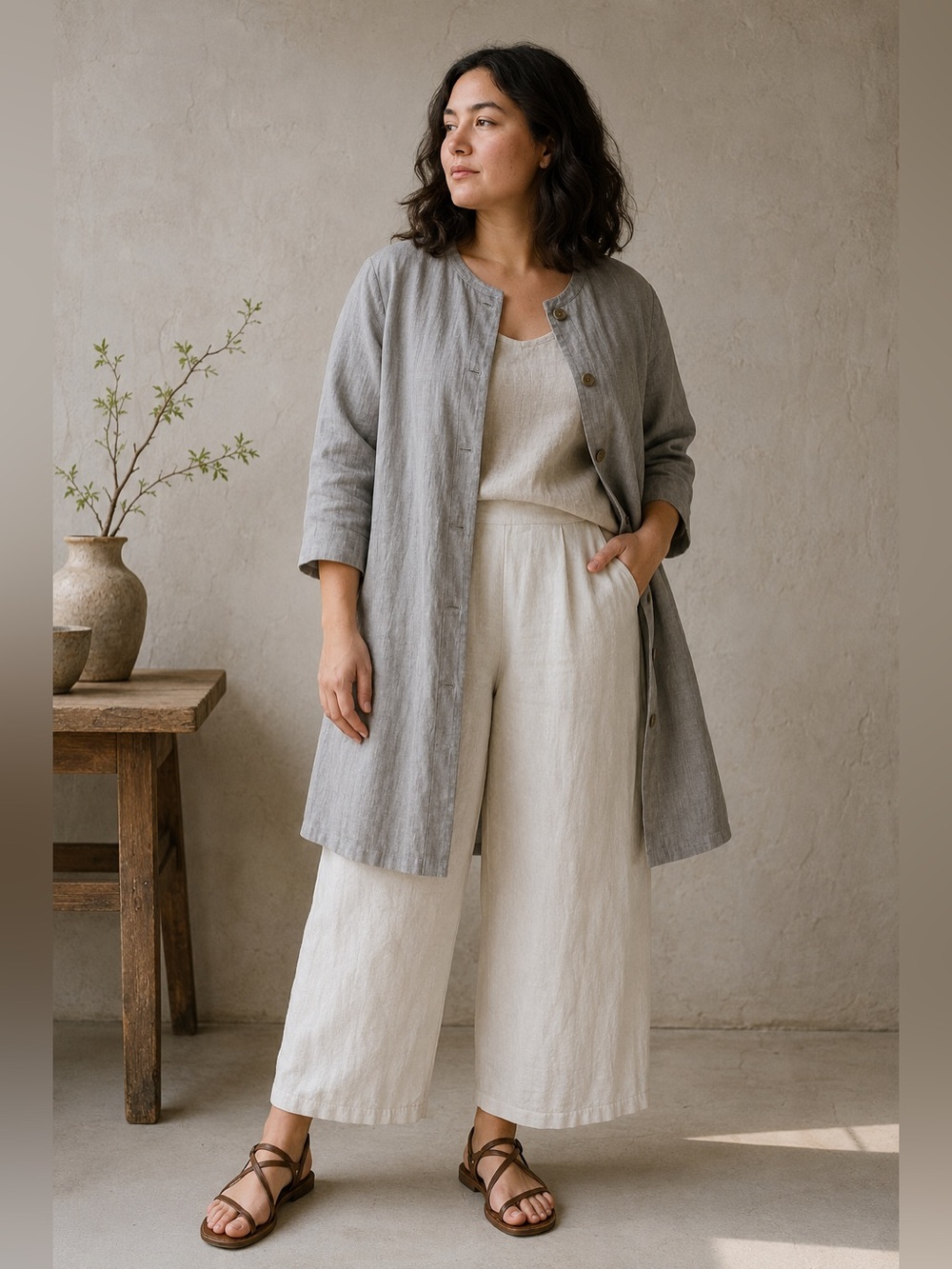 Eileen Fisher Large Hemp Organic Cotton Gray Duster Jacket Minimalist Lagenlook
